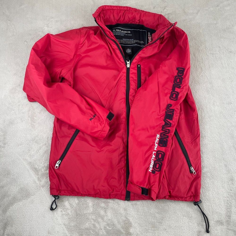 Vintage RL Polo Jeans Jacket Windbreaker Men Medium Red Embroidered Sleeve Logo‎